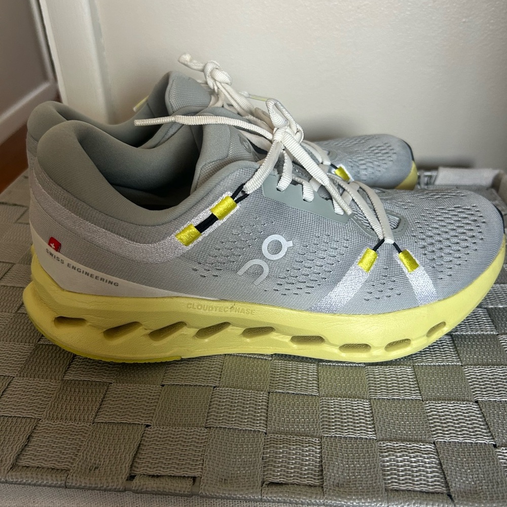 On Running Light Gray and Soft Yellow Shoes